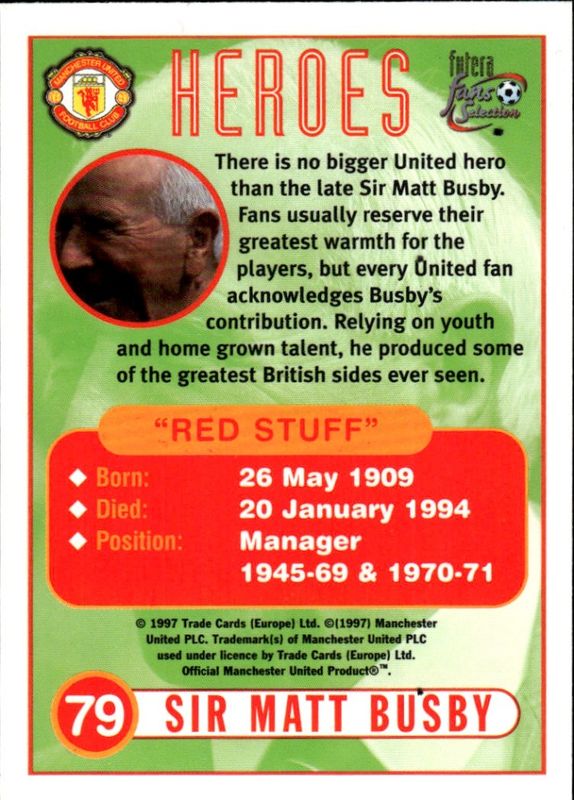 1997 Futera Fans Selection Manchester United Heroes Sir Matt Busby #79