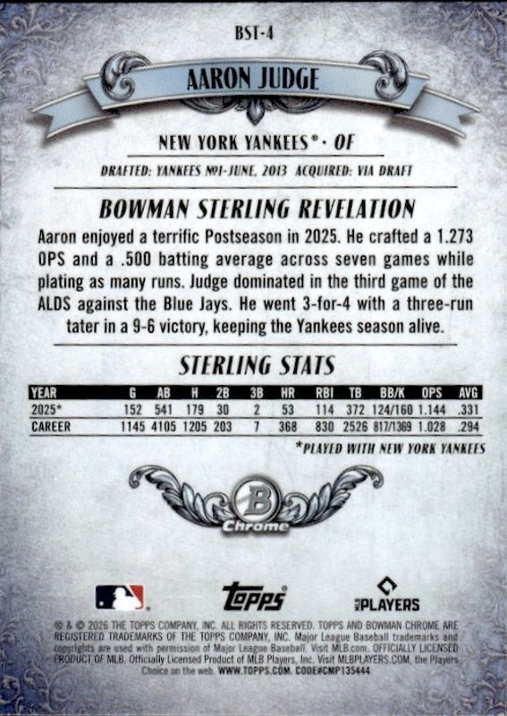 Topps Chrome 2026 Bowman Sterling Revelation Aaron Judge New York Yankees #BST-4