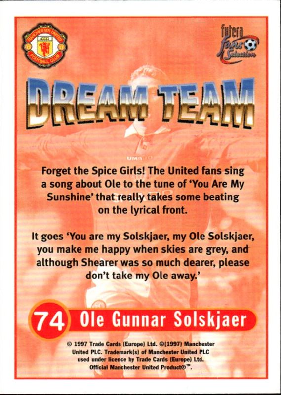 1997 Futera Fans Selection Manchester United Dream Team Ole Gunnar Solskjaer #74