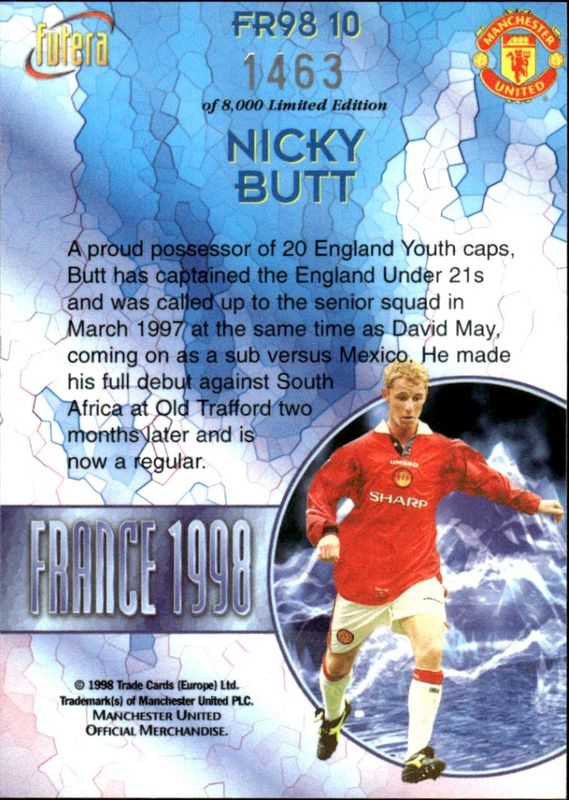 NICKY BUTT 1998 Futera Soccer Card Insert MANCHESTER UTD #1463/8000