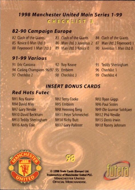 Hovedbilde FUTERA-MANCHESTER UNITED 1998- #098-CHECKLIST 3