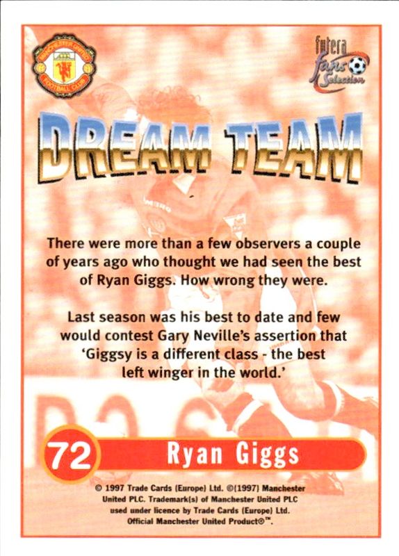 1997 Futera Fans Selection Manchester United Dream Team Ryan Giggs #72 