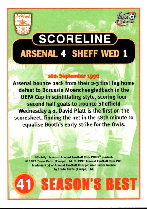 Hovedbilde Arsenal 1997-98 Futera Fans Selection SEASON'S ...