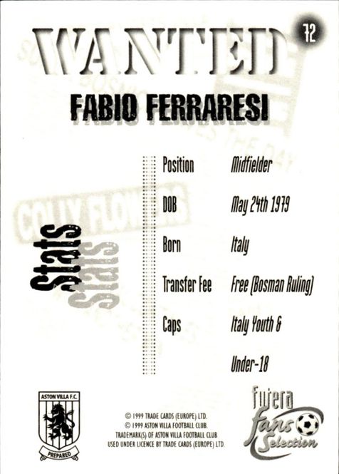 Main Image FUTERA-ASTON VILLA-1998- #72-WANTED-FABIO ...