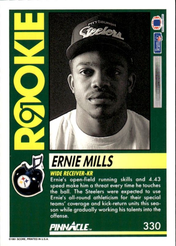 1991 Pinnacle #330 Ernie Mills Rookie RC - Steelers