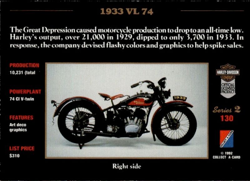 1992 Collect-a-card Harley Davidson Series 2 # 130 - 1933 VL 74