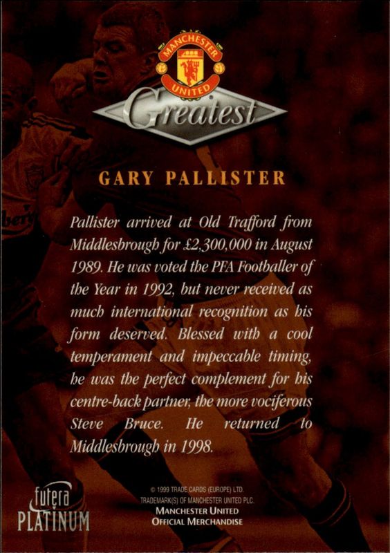 1998-99 Futera Platinum Manchester United Greatest Gary Pallister 22 CARAT GOLD EDGES 