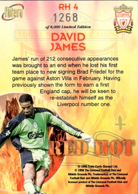 Main Image David James Red Hot LIVERPOOL 98 RH4 #1268/8000