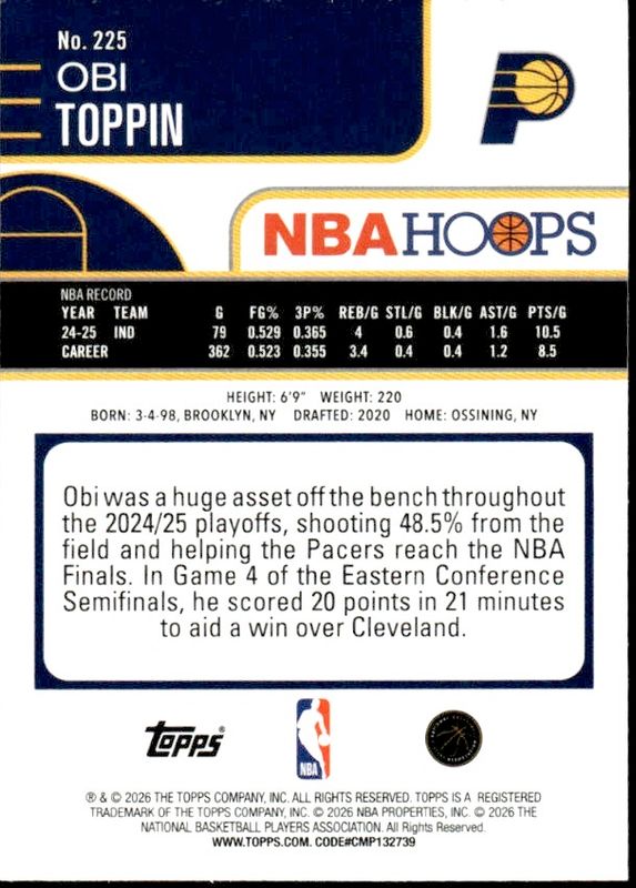 2025-26 Topps NBA Hoops Obi Toppin Rainbow Foil #225