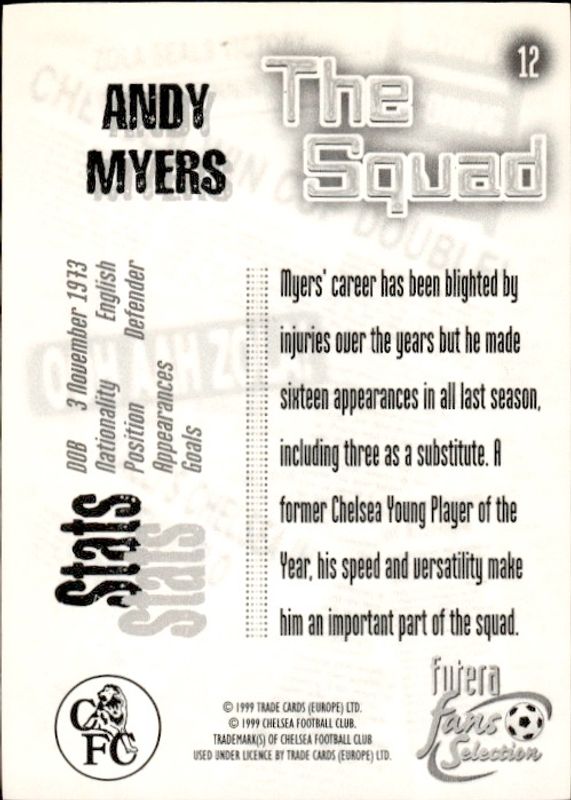 Futera Fans Selection 1999 Chelsea FC Trading Card #12 Andy Myers 22 CARAT GOLD EDGES /100