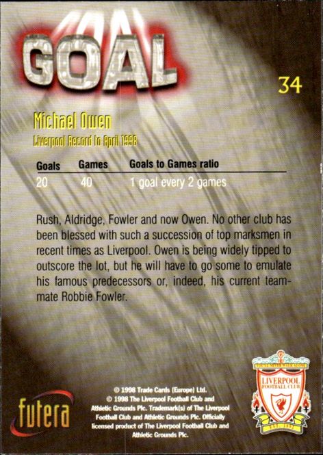 Hovedbilde 1998 Futera Liverpool Goal Michael Owen #34 GOAL