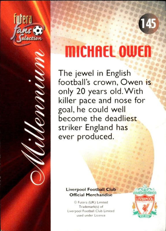 2000 Futera Fans Selection Liverpool Millennium Michael Owen #145 22 CARAT GOLD GILDED EDGES