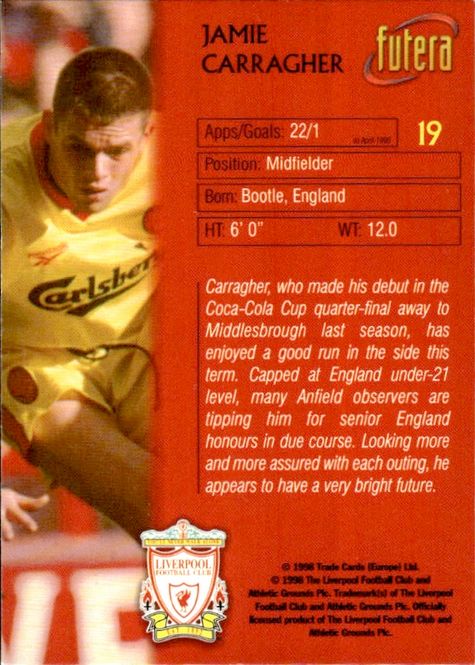 Hovedbilde 1998 Futera Liverpool Jamie Carragher #19 