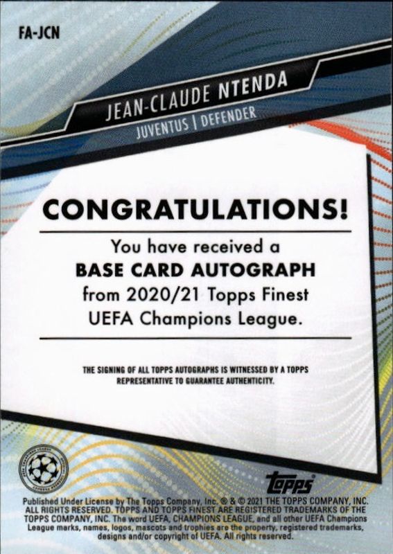 2020/21 TOPPS FINEST JUVENTUS RC AUTO JEAN-CLAUDE NTENDA #FA-JCH (SC19)