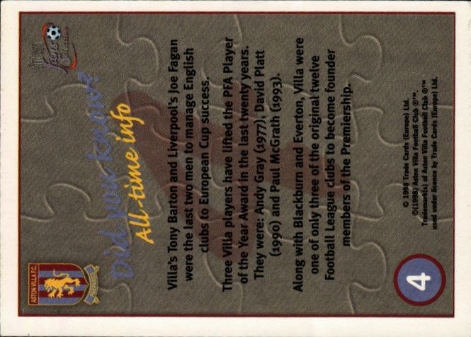 Hovedbilde FUTERA 1998 ASTON VILLA 9 CARD TEAM PUZZLE L/R ...