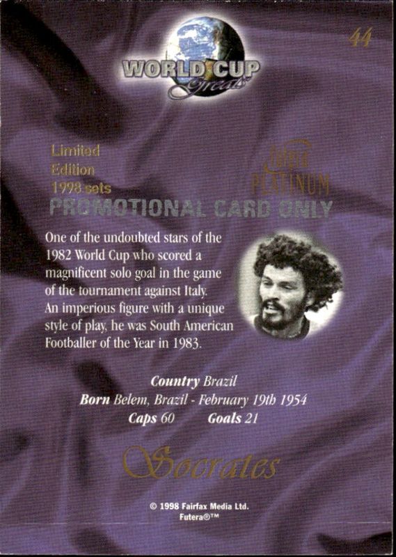 1998 Futera Platinum World Cup Greats Promo Socrates #44