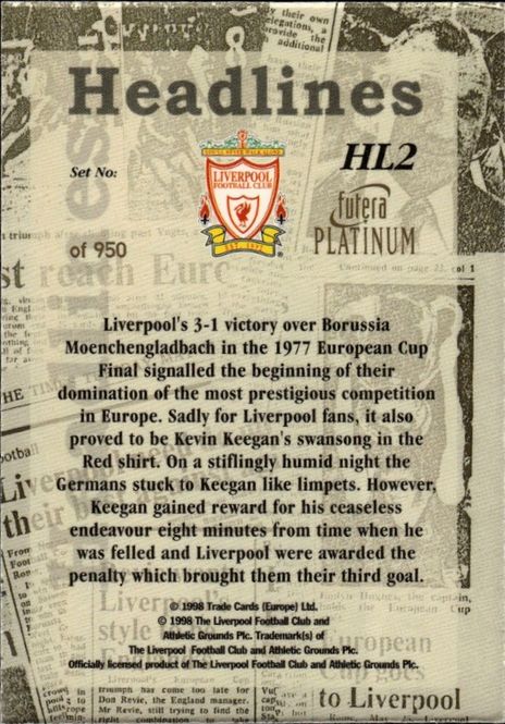 Main Image 1998 Futera Platinum Liverpool Headlines KEVIN ...