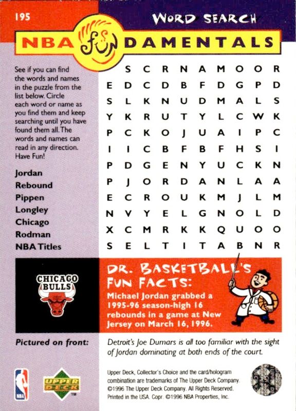 MICHAEL JORDAN UPPER DECK COLLECTOR'S CHOICE 1996-97 WORD SEARCH 195