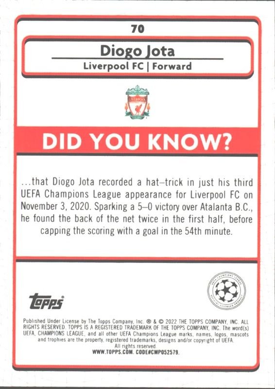 2021-22 Topps Merlin UEFA #70 Diogo Jota Refractor Liverpool FC