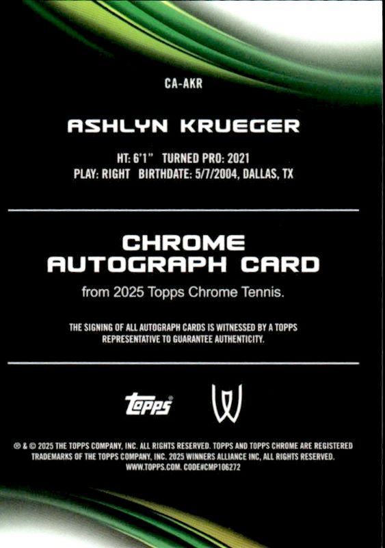 Topps Chrome Tennis 2025 CA-AKR Ashlyn Krueger Refractor Auto 