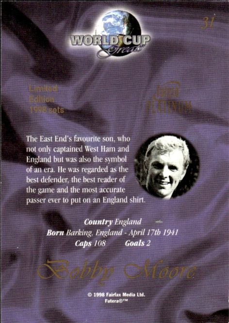 Main Image 1998 Futera World Cup Greats - England BOBBY ...