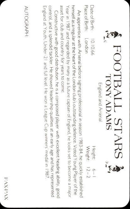 Hovedbilde TONY ADAMS - FOOTBALL STAR - FAX PAX - 1989
