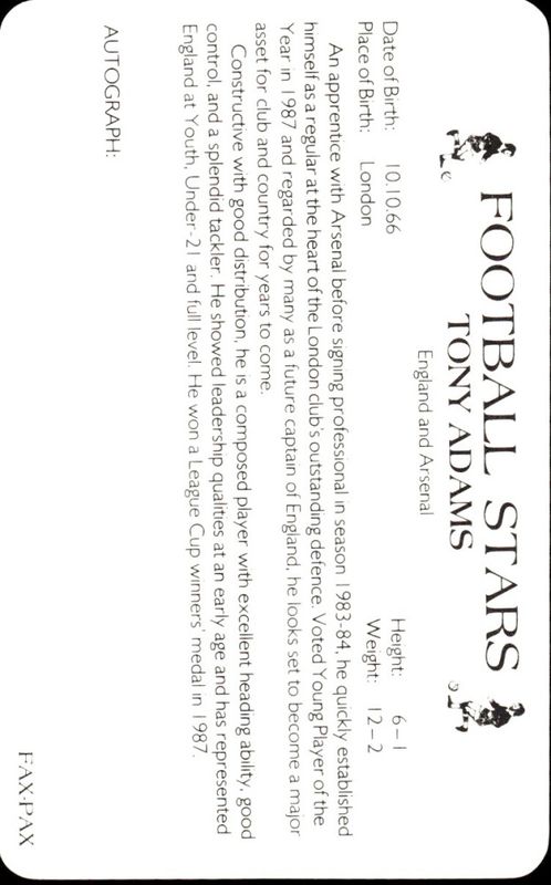 TONY ADAMS - FOOTBALL STAR - FAX PAX - 1989