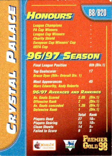 Main Image 1997-98 Merlin Premier Gold Team Badges Crystal ...