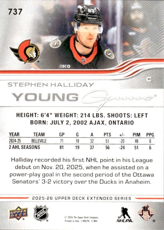2025-26 Upper Deck Extended Series - Young Guns Stephen Halliday #737 Senators