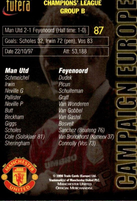 1998 Futera Manchester United Campaign Europe Paul Scholes #87