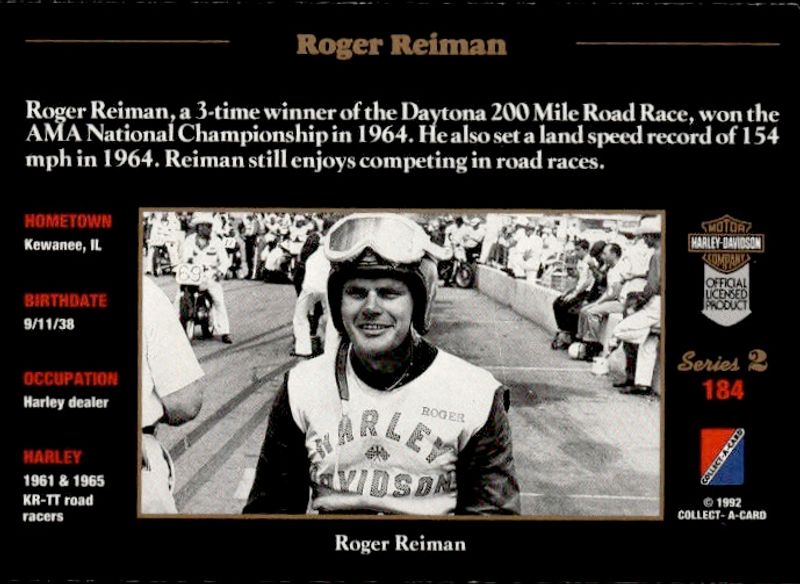 1992-93 Collect-A-Card Harley Davidson #184 Roger Reiman HOF AMA RoadRace Champ