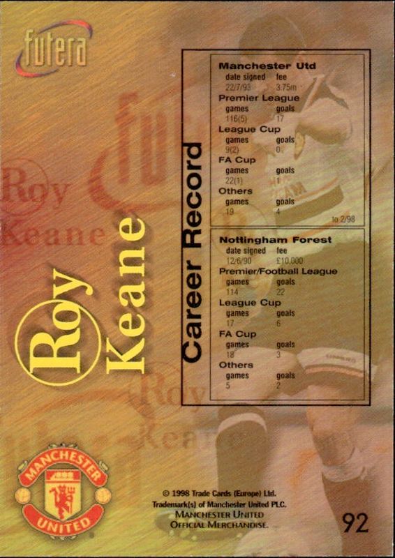 1998 Futera Manchester United Honours Chrome Foil Roy Keane #92 PLAYERS EDITION /500 