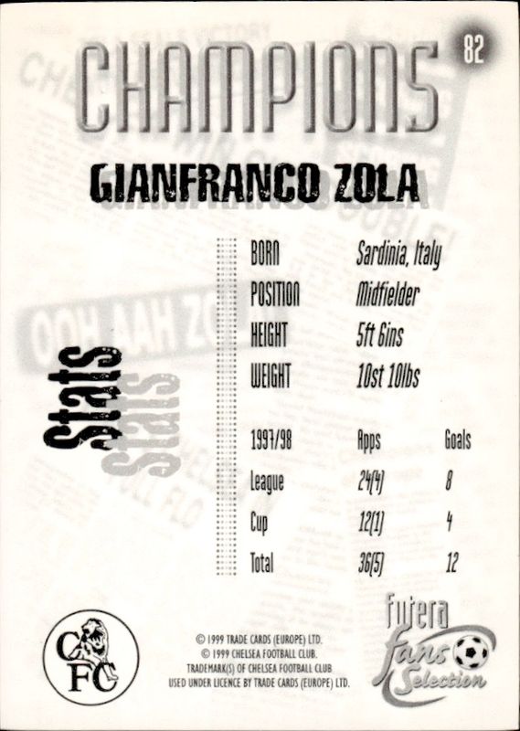 Gianfranco Zola #82 Chelsea FC Fans Selection 1999 Futera 22 CARAT GOLD EDGES /100