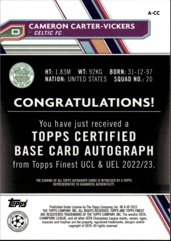 CAMERON CARTER -VICKERS CELTIC F.C. 2023 AUTO TOPPS FINEST A-CC
