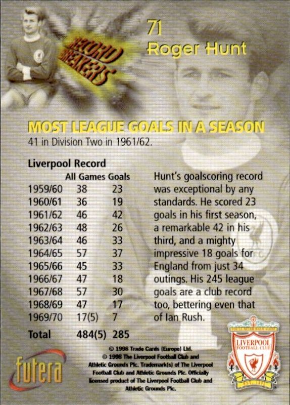 ROGER HUNT 1998 Futera Soccer Card LIVERPOOL #71