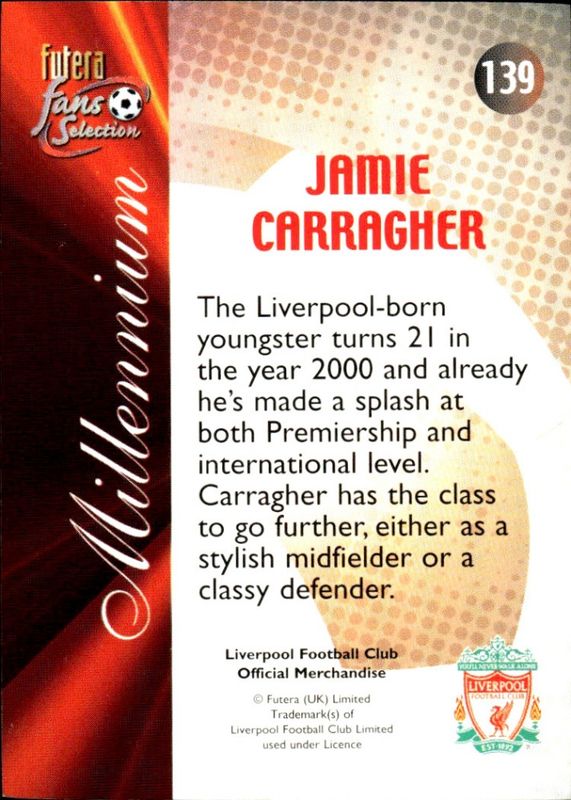 2000 Futera Fans Selection Liverpool Millennium Jamie Carragher #139.  22 CARAT GOLD GILDED EDGES