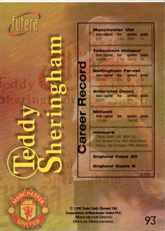 1998 Futera Manchester United Honours Chrome Foil Teddy Sheringham #93 PLAYERS EDITION /500