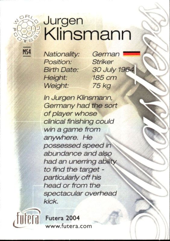 2004 Futera World Football Masters Jurgen Klinsmann #MS4 
