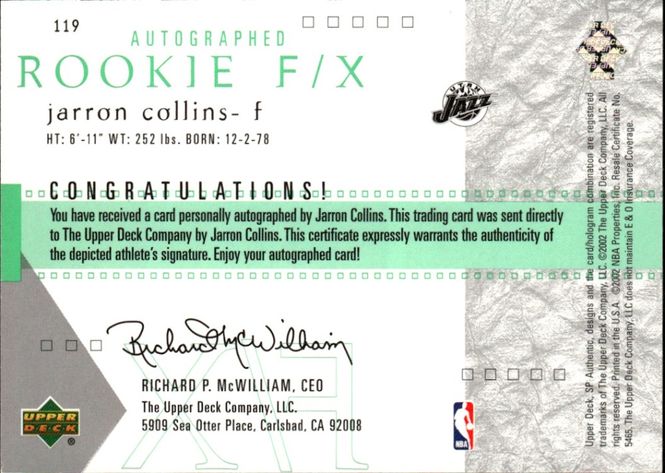 Main Image 2001-02 SP Authentic - Jarron Collins #119 Utah ...