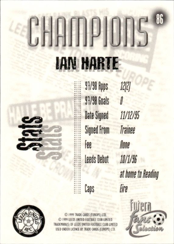 Ian Harte #86 Leeds Utd Fans Selection 1999 Futera PLAYERS EDITION /400