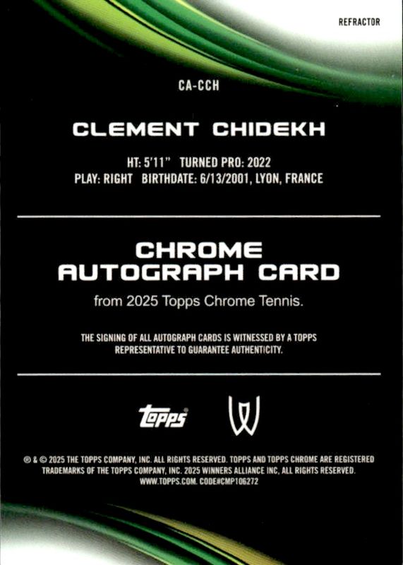Topps Chrome Tennis 2025 No. AUTOGRAPH CA-CCH Clement Chidekh 