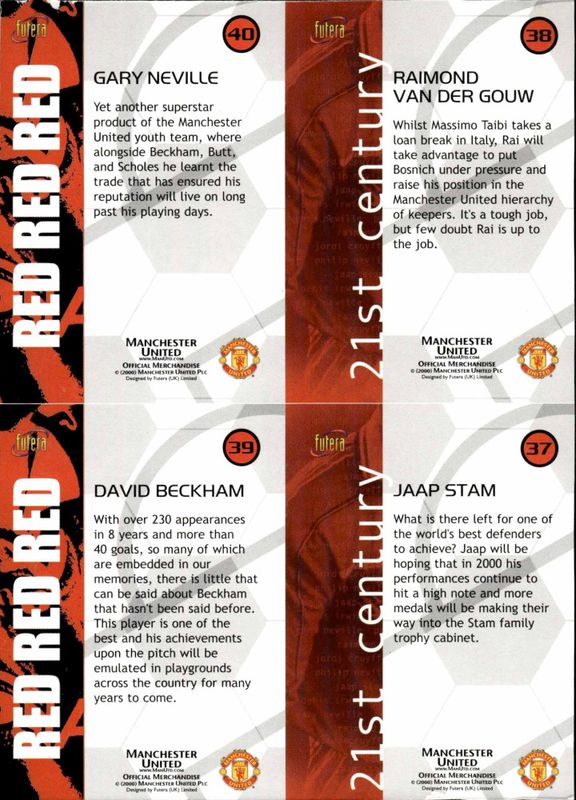 DAVID BECKHAM/ GARY NEVILLE FUTERA 4 CARDS UNCUT SHEET 2000