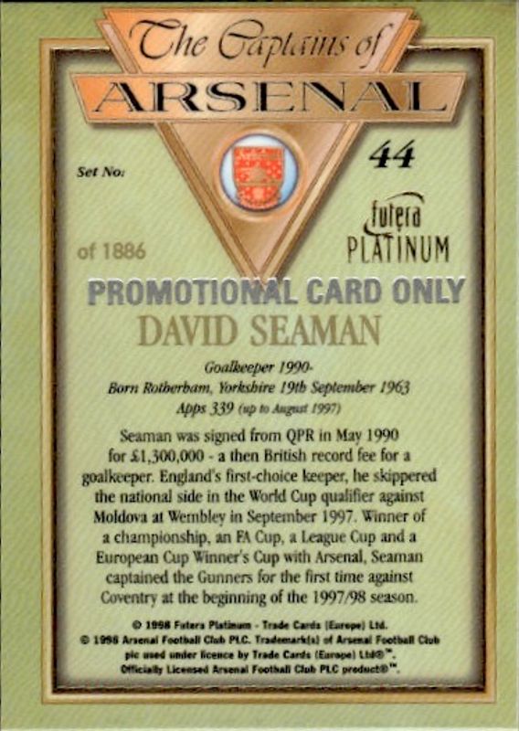 1998 Futera Platinum The Captains of Arsenal David Seaman /1886 Promo Card #44
