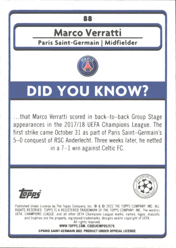 Marco Verratti 2022 Topps Merlin Base Soccer Card #88 