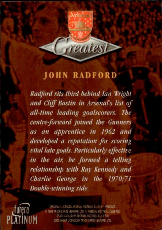 1999 Futera Platinum Arsenal Greatest John Radford 22 CARAT GOLD GILDED EDGES