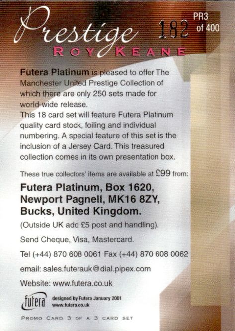 Hovedbilde Futera Platinum Prestige 2001 Roy Keane 182 /400 ...