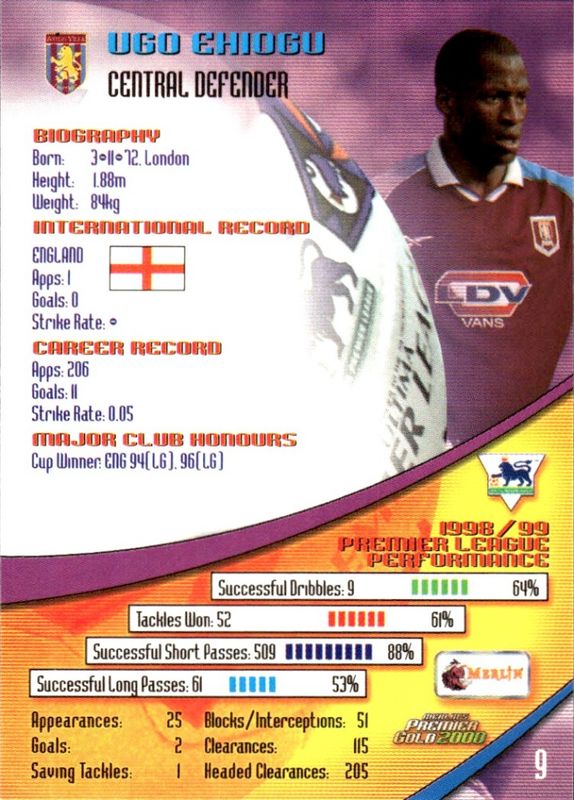 UGO EHIOGU 1999-00 Merlin Premier Gold Soccer Card ASTON VILLA #9