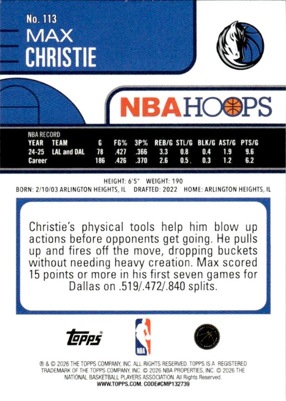 Topps NBA Hoops 2026 Basketball Max Christie #113 Dallas Mavericks-