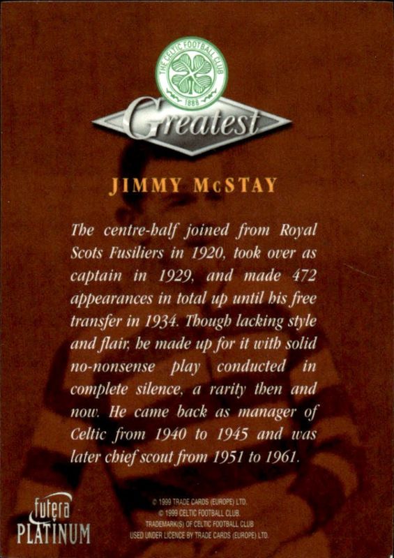 1999 Futera Platinum Celtic Greatest Jimmy McStay 22 CARAT GOLD GILDED EDGES 