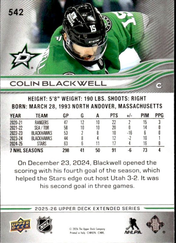 2025-26 25/26 Upper Deck Extended #542 Colin Blackwell Dallas Stars